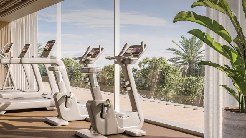 The bright gym at Avida Residences Dubai Islands is equipped with exercise bikes and treadmills that face large windows, offering panoramic views of verdant trees and palm trees. Sunlight fills the room, and a large potted plant stands by the window.