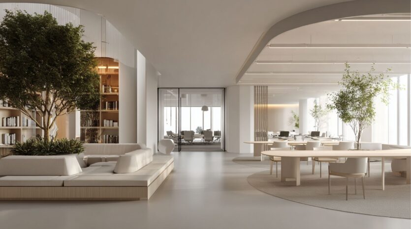 Una oficina moderna y minimalista en el distrito Damac de Dubai, con tonos neutros, espacios abiertos, mesas redondas, árboles de interior y grandes ventanales. Las estanterías para libros y las plantas contribuyen a crear un ambiente limpio y diáfano.