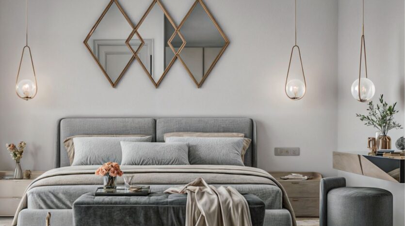 Butterfly Towers Arjan's modern bedroom features a gray upholstered bed, beige and gray bedding, hanging lamps, geometric mirrors above the headboard and minimalist decor with flowers and plants.