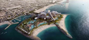 Vista aerea di un moderno resort su un'isola artificiale a Dubai, con piscine, spiagge sabbiose, palme e acque circostanti vicino alla costa e ai porti turistici della città, con edifici, strade e un casinò MGM sullo sfondo.