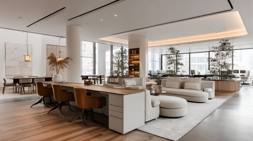 Un moderno espacio de oficinas en el distrito Damac de Dubai con grandes ventanales, paredes blancas y mobiliario neutro -sillas color canela, sofás blancos, mesas de madera y plantas de interior- que crea un espacio de trabajo abierto y elegante bañado por la luz natural.