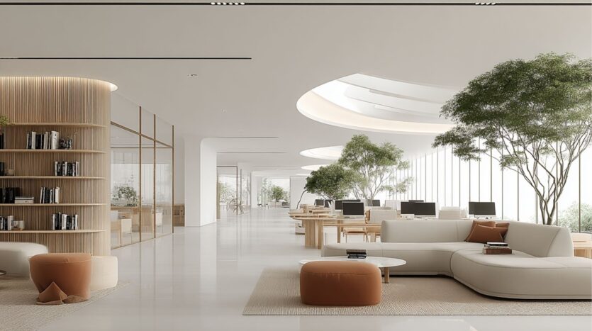Amplia oficina moderna en el distrito Damac de Dubai con grandes ventanales, luz natural, paredes blancas, árboles de interior, muebles de madera, estanterías, mesas de ordenador y cómodos asientos de salón en tonos neutros.