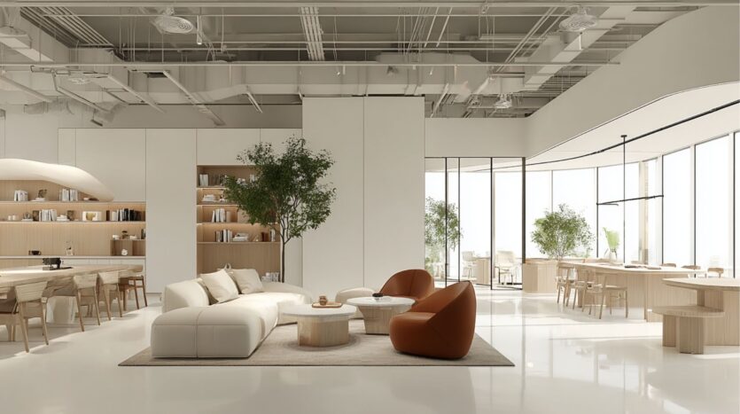 Un salón moderno y espacioso en Damac District Dubai con decoración minimalista, que cuenta con un sofá seccional blanco, sillas marrones, mesas de madera, estanterías, árboles verdes de interior y grandes ventanales que llenan el espacio de luz natural.