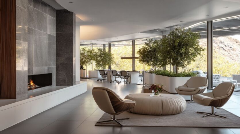 Moderno salón de oficina en el distrito Damac de Dubai con sillas neutras, una otomana redonda y una alfombra junto a una chimenea. Grandes ventanales, árboles de interior y luz natural crean un ambiente abierto y aireado con una sala de conferencias al fondo.