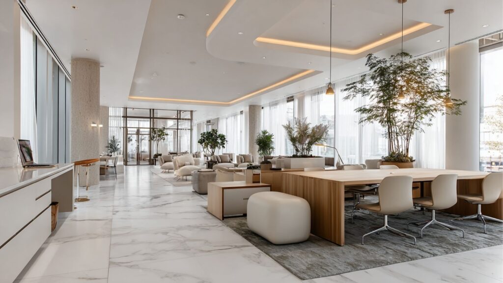 Amplio salón moderno en el distrito Damac de Dubai con suelos de mármol blanco, grandes ventanales, muebles de colores neutros, plantas de interior y mesas de madera; la luz natural inunda el espacio aireado y elegante.