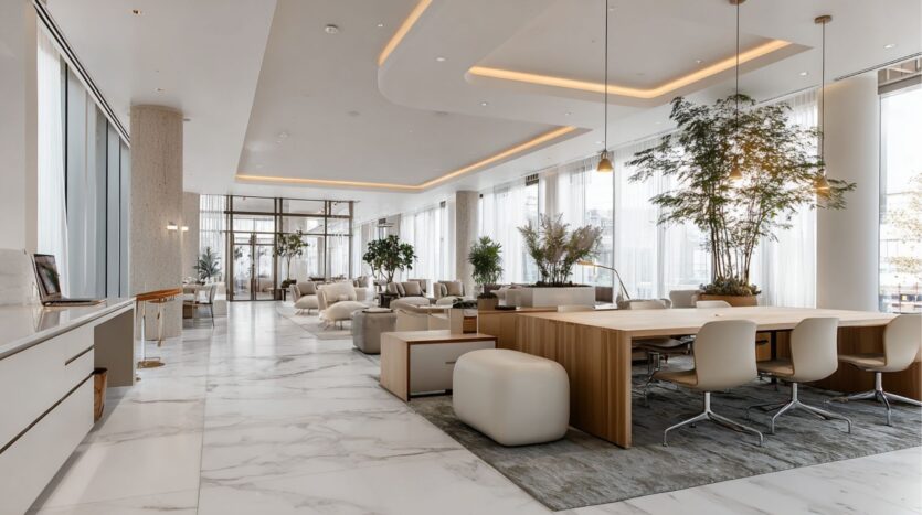 Amplio salón moderno en el distrito Damac de Dubai con suelos de mármol blanco, grandes ventanales, muebles de colores neutros, plantas de interior y mesas de madera; la luz natural inunda el espacio aireado y elegante.