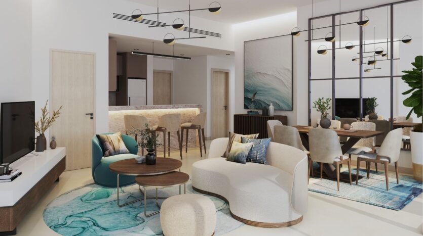 Moderno salón y comedor en el distrito Damac de Dubai, con sofás curvos, mesas redondas, TV, zona de comedor, taburetes de bar en una elegante barra de cocina, grandes obras de arte en la pared, espejos, planta de interior e iluminación contemporánea.