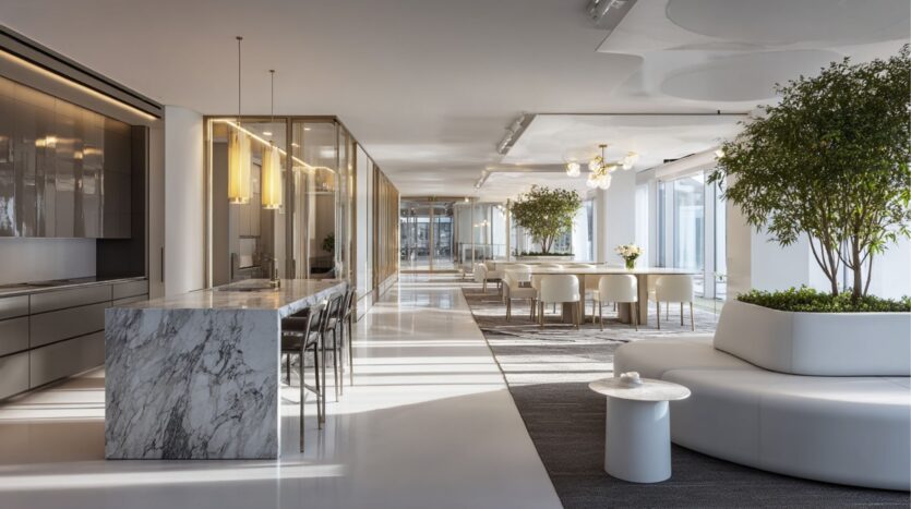 Un moderno y espacioso salón de oficinas en el distrito Damac de Dubai, con una isla de mármol, sillas altas, salas de reuniones acristaladas, sofás blancos redondos, árboles de interior, mesas redondas y grandes ventanales que dejan entrar la luz natural.