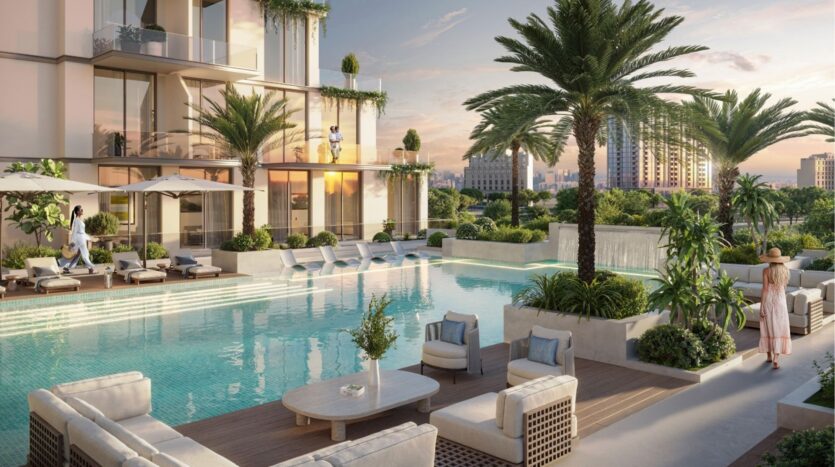 Piscine extérieure luxueuse d'un complexe d'appartements moderne, avec chaises longues, parasols, palmiers et sièges. Les gens se détendent au bord de la piscine, et les bâtiments de la ville sont visibles en arrière-plan au coucher du soleil.