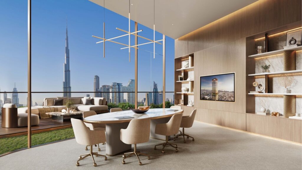 Ufficio moderno nella torre Sol Luxe con tavolo da conferenza in marmo, sedie color crema e finestre a tutta altezza con vista sullo skyline del Burj Khalifa. Una terrazza esterna con posti a sedere e verde e un'illuminazione elegante aggiungono un tocco di lusso.