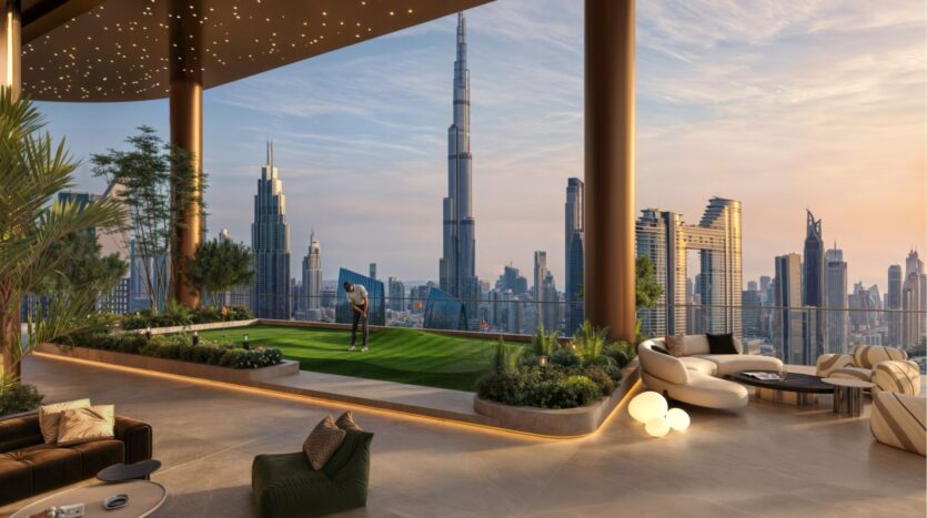 Una lussuosa lounge sul tetto della Sol Luxe Tower, con piante rigogliose, comodi posti a sedere, un putting green e una vista mozzafiato sullo skyline di Dubai, compreso il Burj Khalifa, sotto un soffitto stellato al tramonto.