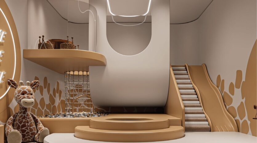Salle de jeux intérieure moderne pour enfants avec une palette de couleurs neutres, comprenant un toboggan, un filet d'escalade, un terrain de jeu et une grande girafe en peluche. Des motifs de girafe décorent les murs et les surfaces pour un look ludique d'inspiration safari.