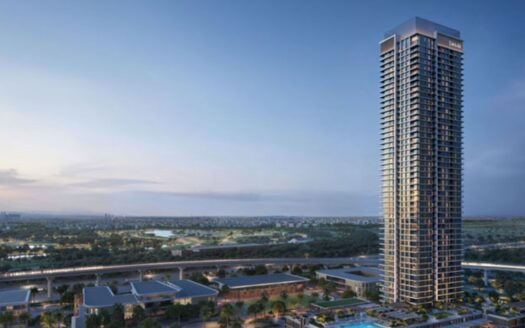 A large modern tower, the Lyvia by Palace Residence at Dubai Creek Harbour, stands out against a twilight sky, surrounded by low structures, greenery and a distant urban landscape with visible roads and fields.