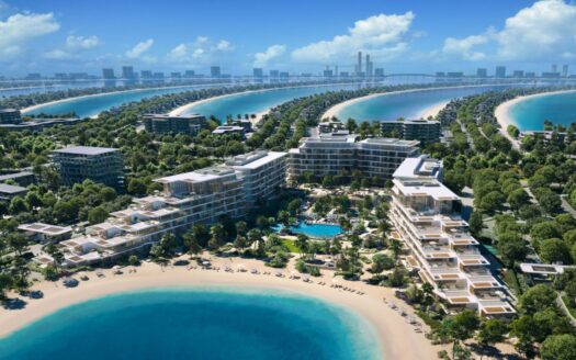 Aerial view of resorts and luxury villas arranged along Palm Central's palm-shaped curved islands, with turquoise water and sandy beaches, against a modern city backdrop, under a blue sky with scattered clouds.