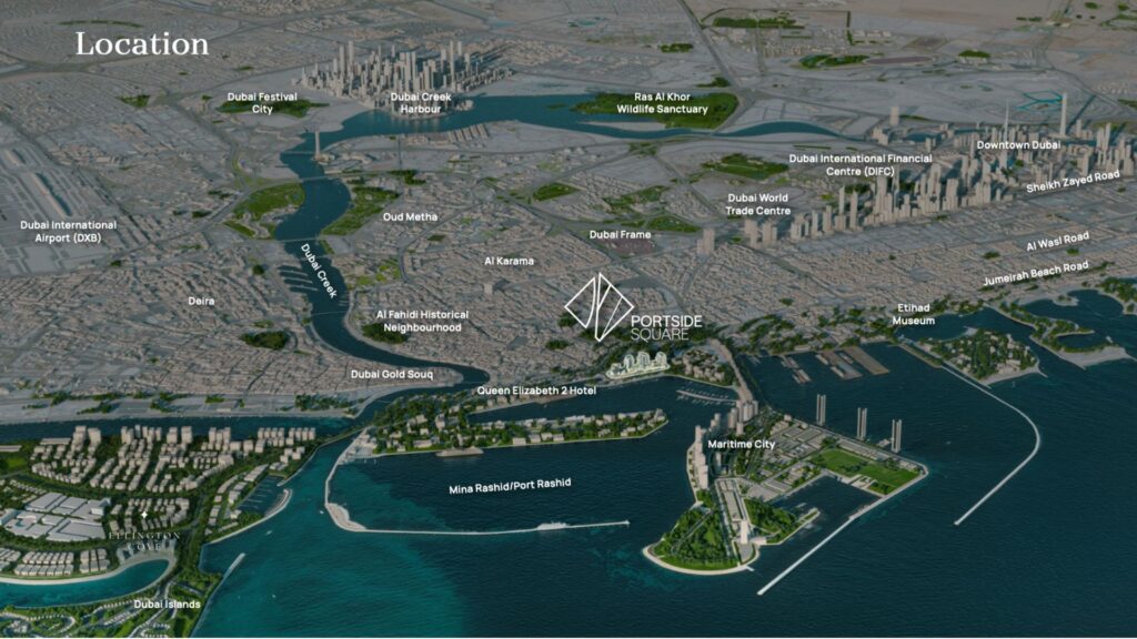 Carte aérienne de Dubaï présentant les principaux points de repère et quartiers, avec des étiquettes blanches mettant en évidence des lieux tels que Portside Square, Mina Rashid, Dubai Frame, Downtown Dubai, Dubai Creek et Maritime City.