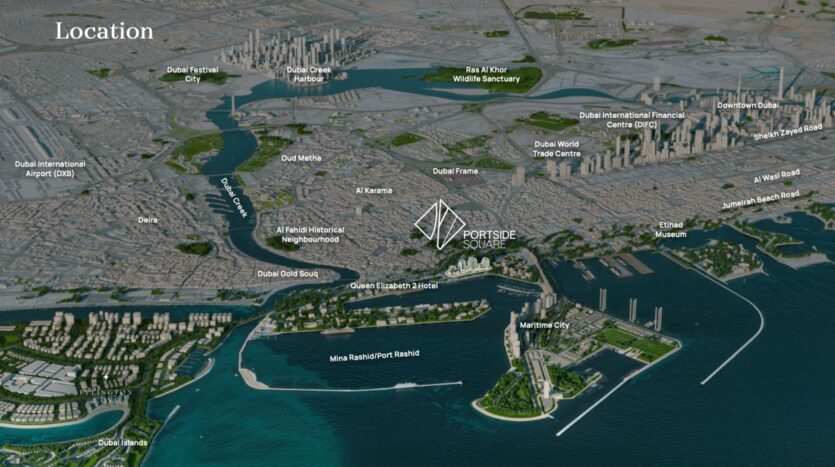 Carte aérienne de Dubaï présentant les principaux points de repère et quartiers, avec des étiquettes blanches mettant en évidence des lieux tels que Portside Square, Mina Rashid, Dubai Frame, Downtown Dubai, Dubai Creek et Maritime City.