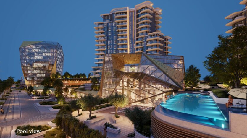 Immeubles de luxe modernes à l'architecture géométrique en verre à Portside Square Mina Rashid, avec de hautes tours résidentielles et une piscine à débordement sur le toit au crépuscule. L'espace paysager est bien éclairé et des personnes se détendent au bord de la piscine. Le texte "Pool view" apparaît dans le coin.