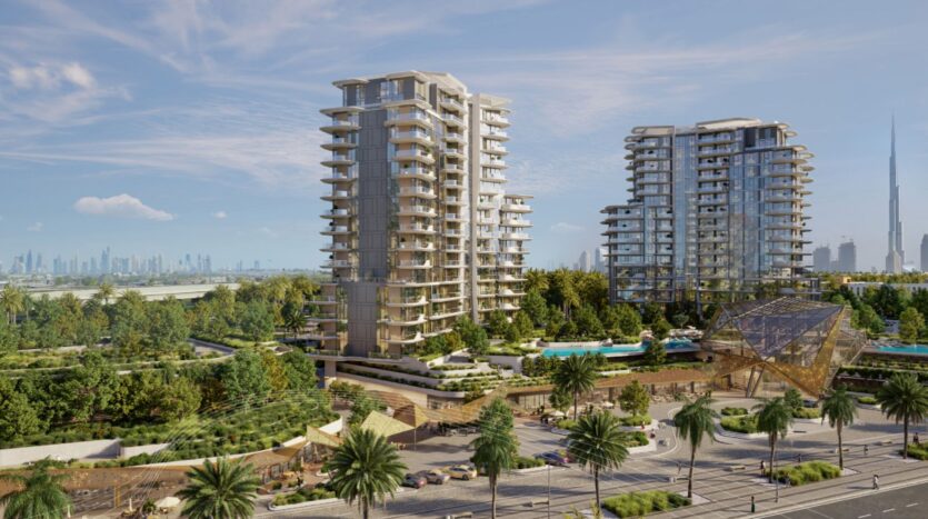 Deux tours modernes à Portside Square Mina Rashid entourées de verdure et de palmiers, avec une piscine et une structure géométrique à l'avant. La ligne d'horizon de la ville et Burj Khalifa sont visibles à l'arrière-plan sous un ciel bleu.