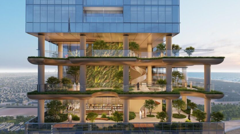 A modern high-rise building with multi-level open terraces, known as SkyParks, filled with greenery, trees and plants. Large picture windows, a spiral staircase and people relaxing overlook the cityscape and water in the background.