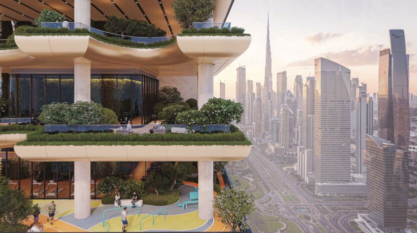 Futuristic building with several levels of SkyParks terraces with greenery and people, overlooking a modern city with tall skyscrapers and busy roads at sunset.