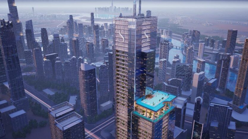 A large modern skyscraper with a SkyParks swimming pool on a lower terrace stands among numerous high-rise buildings in an urban landscape, with a river and other skyscrapers visible in the background.