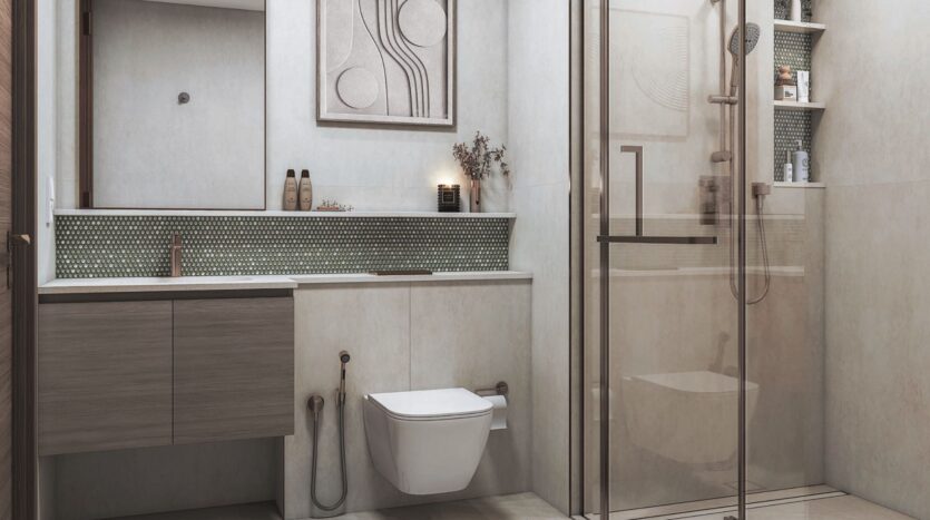 SkyParks modern bathroom with glass shower, floating vanity, large mirror, wall-mounted toilet, decorative art and shelves of toiletries. Neutral colors and clean, minimalist design.