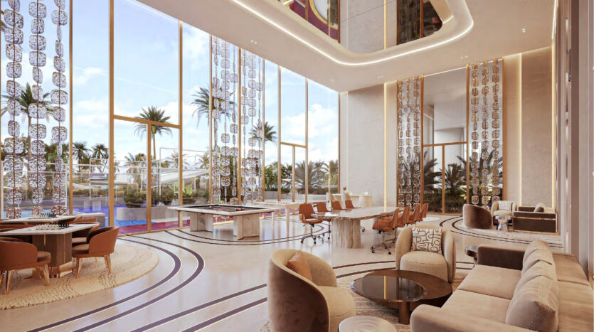 The modern, spacious lounge at Breez by Danube Maritime City features high ceilings, floor-to-ceiling windows, elegant seating, round tables and decorative panels. Palm trees and a swimming pool sparkle in this sunny setting.