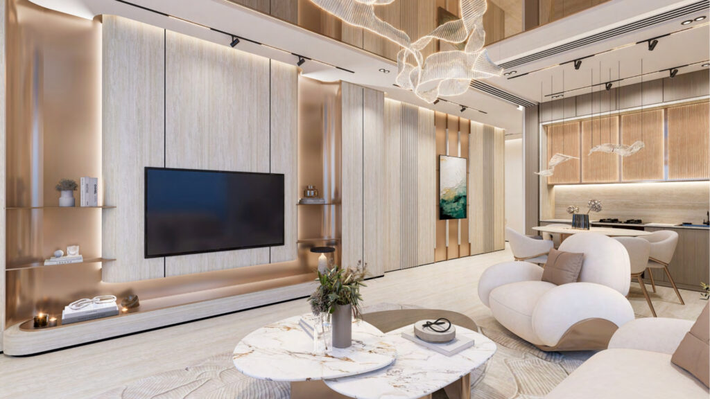 Modern living room in neutral tones, with large wall-mounted TV, marble coffee table, soft white armchairs and decorative lighting, inspired by the elegant design of Breez by Danube Maritime City. The open kitchen features elegant cabinetry and a dining area.