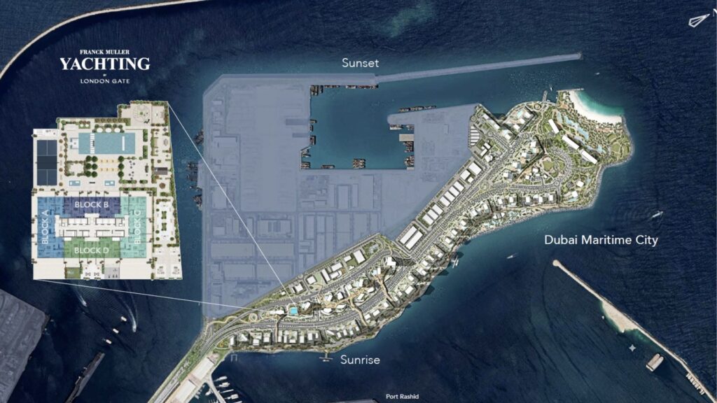 Carte aérienne montrant Dubai Maritime City, entourée d'eau, avec des zones étiquetées pour le "coucher du soleil" et le "lever du soleil". L'encart en haut à gauche montre l'agencement détaillé de franck muller yachting à Dubai Maritime City, dans le quartier exclusif de LONDON GATE.