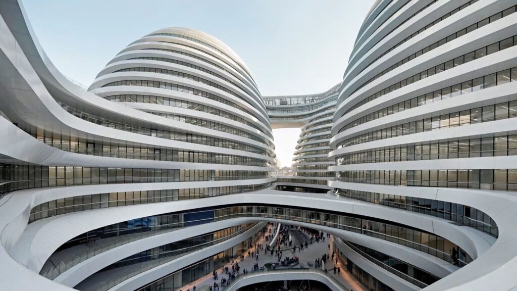 Gli edifici futuristici e curvilinei con pannelli bianchi e di vetro evocano lo stile di Zaha Hadid. Circondano un cortile aperto, pieno di gente e collegato da passerelle sopraelevate sotto un cielo limpido.