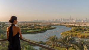 Una donna vestita di nero si trova su un balcone che si affaccia su una lussureggiante zona umida con fenicotteri rosa e palme, mentre lo skyline, la cui architettura è stata ispirata da Zaha Hadid, si staglia in lontananza sotto un cielo limpido.
