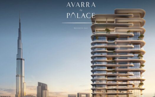 The modern luxury tower Avarra by Palace features curved balconies and greenery in Business Bay, with the Burj Khalifa and the city skyline as a backdrop for a breathtaking sunset.
