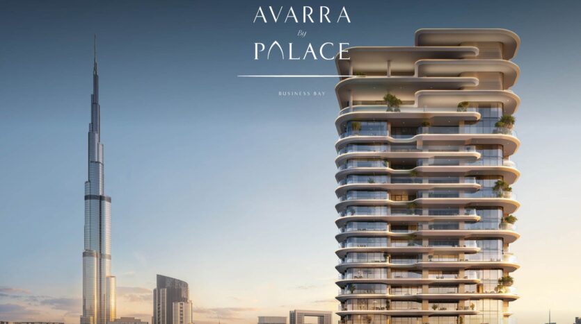 The modern luxury tower Avarra by Palace features curved balconies and greenery in Business Bay, with the Burj Khalifa and the city skyline as a backdrop for a breathtaking sunset.