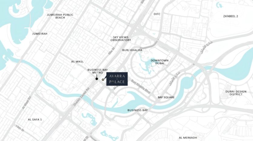 A greyscale map highlights Avarra Palace in Business Bay, Dubai, close to Burj Khalifa, Sky Views Observatory, Bay Square and sites such as Downtown Dubai, Al Wasl and Jumeirah Public Beach.