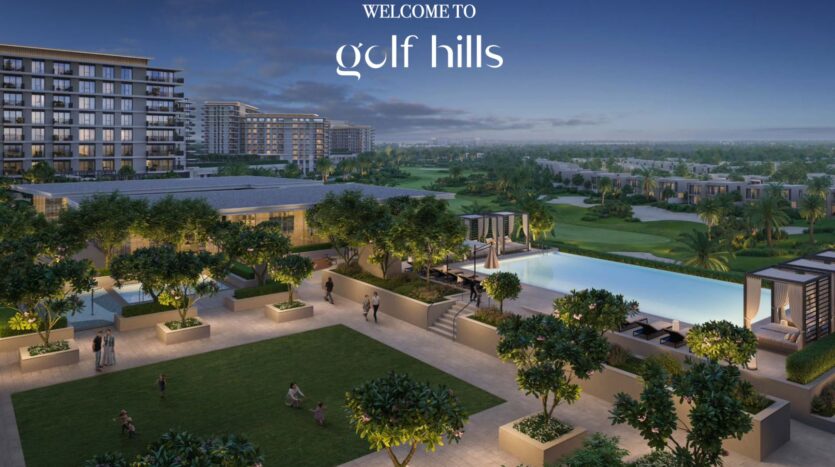 Un moderno complesso residenziale con giardini lussureggianti, una grande piscina e molte persone che si godono l'aria aperta al tramonto. Grandi condomini e un campo da golf completano la scena. Il testo recita: "Benvenuti a Golf Hills.