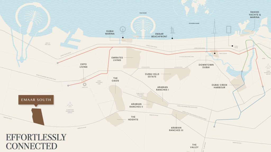 Una mappa mostra l'area di Emaar South a Dubai, evidenziando i luoghi chiave come Golf Hills, le autostrade e le linee della metropolitana che collegano Expo Living, Downtown Dubai e Rashid Yachts &amp; Marina, con l'acqua e Palm Jebel Ali nella parte superiore della mappa.