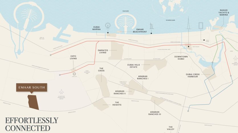 Una mappa mostra l'area di Emaar South a Dubai, evidenziando i luoghi chiave come Golf Hills, le autostrade e le linee della metropolitana che collegano Expo Living, Downtown Dubai e Rashid Yachts &amp; Marina, con l'acqua e Palm Jebel Ali nella parte superiore della mappa.