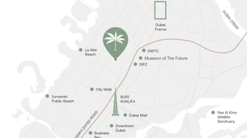 A simplified map of Dubai highlights sites such as Burj Khalifa, Rabdan Gardens, Dubai Frame, Museum of the Future, Dubai Mall, City Walk, Jumeirah Public Beach, La Mer Beach and Ras Al Khor Wildlife Sanctuary.