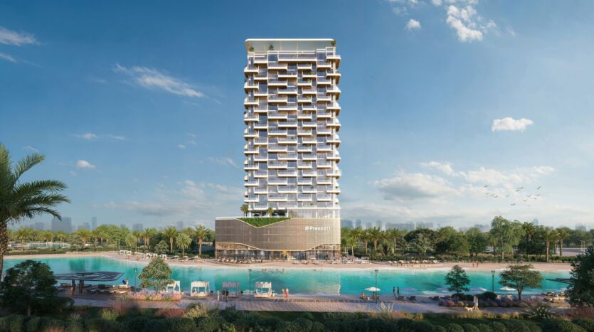 Il Caden è una grande torre moderna con una facciata geometrica unica che si erge sul bordo di una grande laguna turchese, circondata da palme, lettini e giardini paesaggistici sotto un cielo limpido e luminoso.