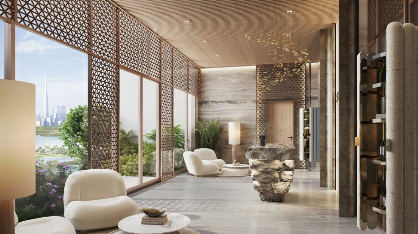 Il Caden dispone di un lussuoso salone moderno con sedie bianche, tavoli in pietra, decorazioni in legno, piante rigogliose e finestre a tutta altezza che si affacciano sullo skyline della città e sull'acqua. Questo spazio sereno è immerso in una calda luce naturale.