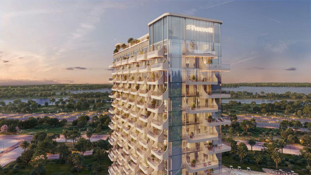 Prescott, ein modernes Hochhaus, verfügt über zahlreiche Balkone, einen gläsernen Außenbereich, Pflanzen auf den Dächern und einen Panoramablick auf Flüsse und Grünflächen bei Sonnenuntergang - die charakteristische Eleganz von Caden in einer atemberaubenden Landschaft.