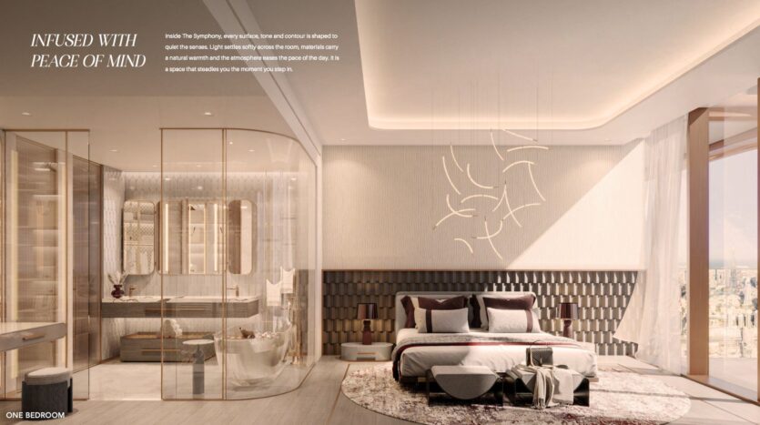 A modern, luxurious bedroom - the symphony of comfort - includes a king-size bed with plush pillows, soft lighting, floor-to-ceiling windows with city views, elegant furnishings and warm neutral tones for a calm, serene atmosphere.