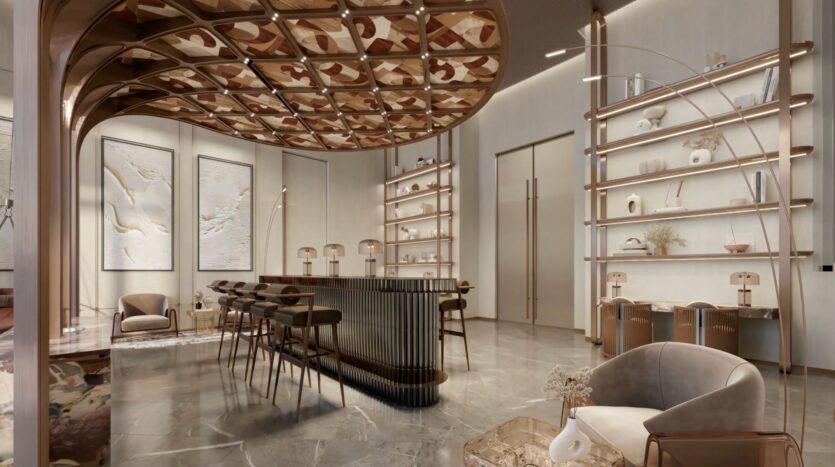 Modern, elegant living room with marble floors, tall shelves displaying vases, sculptural wooden ceiling reminiscent of The Symphony, elegant bar with stools, plush armchairs and abstract wall art in neutral tones. Soft, ambient lighting throughout.