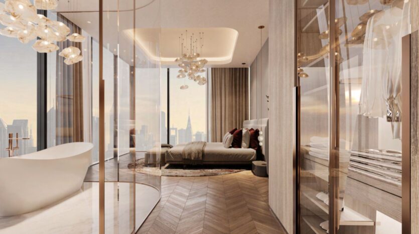 Luxurious modern bedroom with floor-to-ceiling windows, freestanding white bathtub, glass partitions and elegant light fixtures - the perfect symphony of comfort and style with king-size bed and breathtaking city views at sunset.