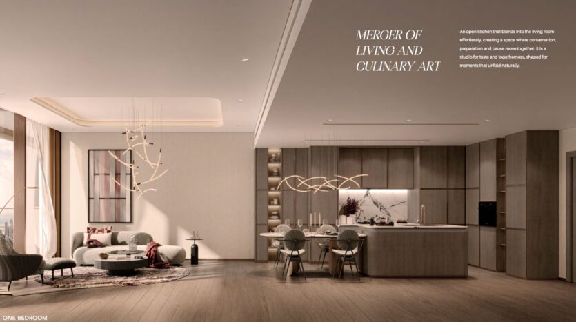 A modern open-plan living room and kitchen with The Symphony, a harmonious blend of neutral tones, elegant lighting fixtures, a round dining table with chairs, a comfortable sofa, armchairs and large windows that flood the space with natural light.