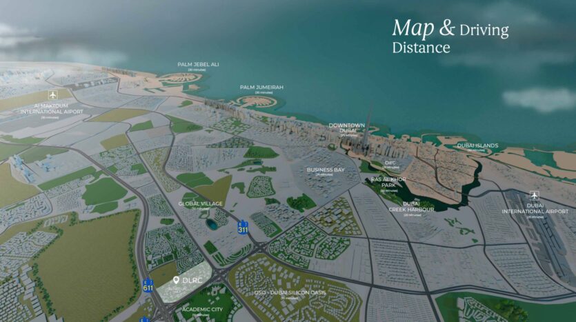 A 3D illustrated map shows the Dubai coastline and key locations such as Arlington Park 2, Palm Jebel Ali, Downtown, Business Bay, Global Village, and two international airports, with clearly identified roads and neighborhoods.