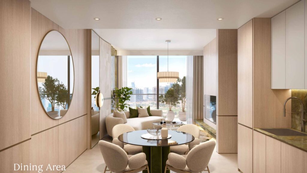 Modern and bright apartment in Arlington Park 2 with beige-toned furniture. A round dining table with four chairs is in the foreground, a sofa and television in the background, large windows with a view of the city, and a round mirror on the wall. The words "Dining Room" appear.