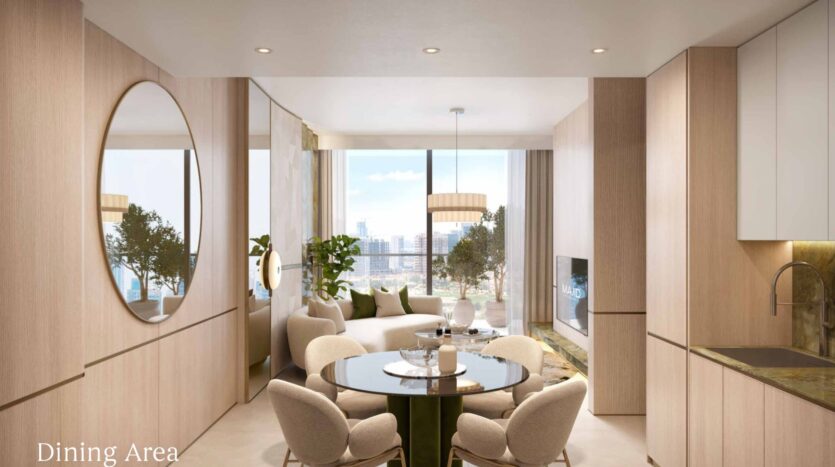 Modern and bright apartment in Arlington Park 2 with beige-toned furniture. A round dining table with four chairs is in the foreground, a sofa and television in the background, large windows with a view of the city, and a round mirror on the wall. The words "Dining Room" appear.