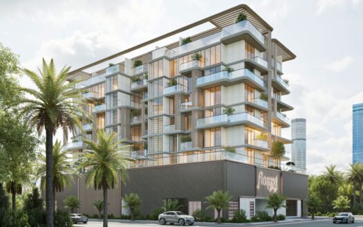 Floarea Breeze, a modern, medium-sized apartment building, features large bay windows and balconies surrounded by palm trees. Cars are parked in front, a "Rosegold" sign is displayed, and tall buildings rise in the background.