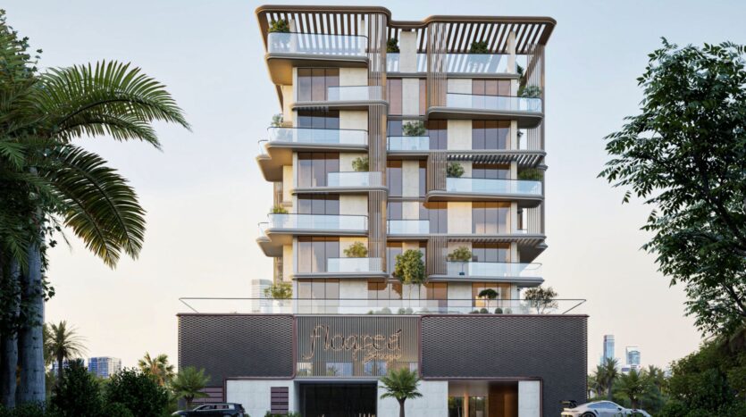Si tratta di un edificio moderno di medie dimensioni con ampi balconi e ringhiere in vetro, circondato da palme e vegetazione. L'insegna "Flooret" è affissa sopra l'ingresso, evocando l'eleganza aerea di Floarea Breeze. Lo skyline della città è visibile sullo sfondo.